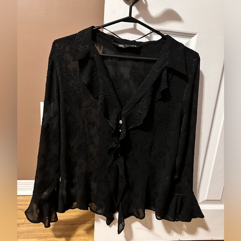 Zara ruffled jacquard blouse in Black